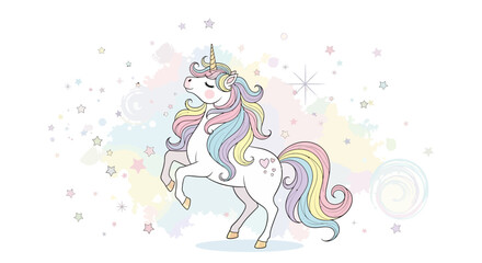 Cute cartoon unicorn with rainbow mane and tail, surrounded by stars. © Irma