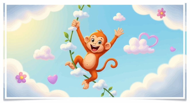 Cute monkey swinging on a vine in the sky