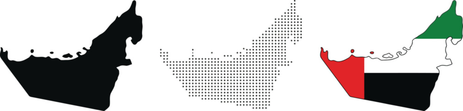 United Arab Emirates map. Country silhouette with solid, dashed and colored UAE flag map vector graphic. National shape and border indicator. Arabian Gulf location symbol. Middle East pictogram.