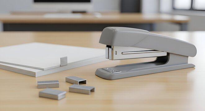 Office supplies on wooden desk table.