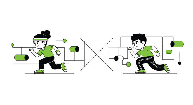 A comparative illustration shows a woman easily running through an obstacle course while a man is stopped by a large barrier, highlighting different approaches to a problem.