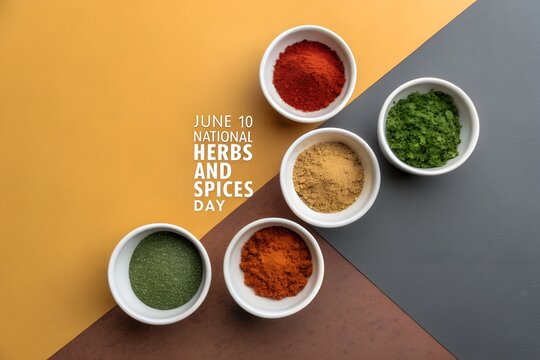 Celebrating June 10th National Herbs and Spices Day with an artistic overhead flat lay showcasing an assortment of white ceramic bowls filled with vibrant red paprika, earthy brown cumin, finely chopp
