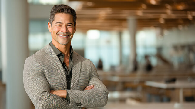 A confident businessman in a modern office with arms crossed, smiling at the camera.