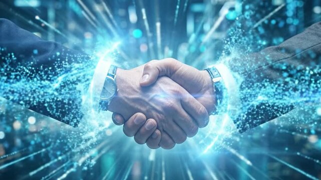 Close-up of two businessmen shaking hands as a glowing digital energy ring forms around them, symbolizing partnership, technology integration, trust, and innovative business collaboration.
