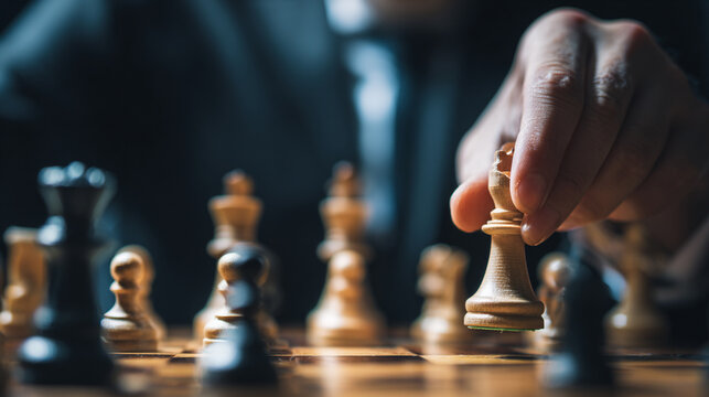 A focused individual moves a chess piece during an intense game. The composition captures the strategic nature of chess, highlighting the player's concentration and skill.