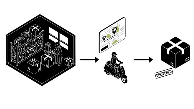 Isometric Logistics Delivery System Vector Workflow with Warehouse Packing, Scooter Courier Route Tracking and Completed Shipment Flow in Silhouette Style