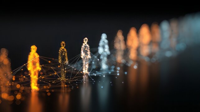 Leadership abstract connected community or social network. Glowing orange and blue human figures linked by intricate lines on a digital grid. 