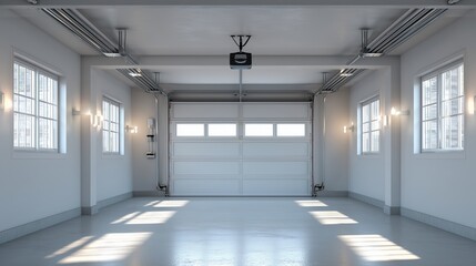 Fototapeta na wymiar Clean garage interior with closed sectional garage door, smooth floor, wall light, and ceiling opener conveying garage door repair and maintenance concept.