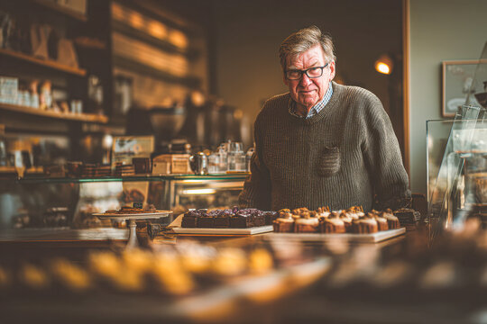 A man stands behind a counter displaying assorted pastries in a cozy cafe with warm lighting and shelves in the background.