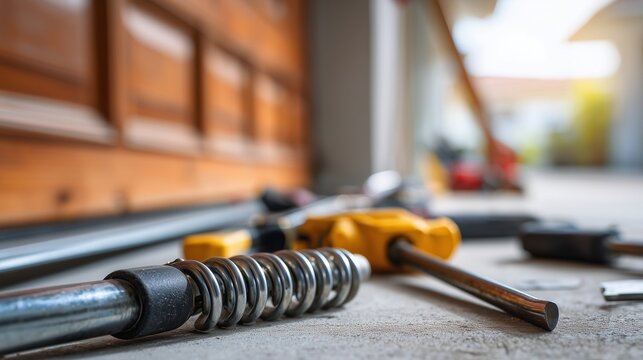 Side view of garage door spring replacement showing torsion spring, winding cone and hand tool on workshop floor indicating repair and maintenance.