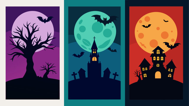 Silhouettes of a tree and two elephants against colorful backgrounds