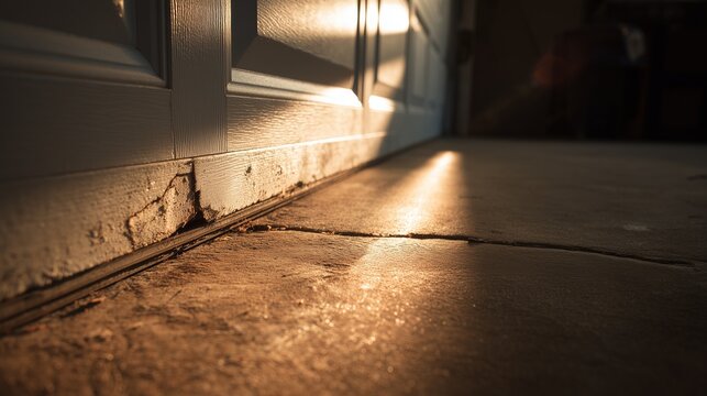 Worn lower garage door panel with gap against concrete floor, light through crack highlighting need for panel replacement and repair.