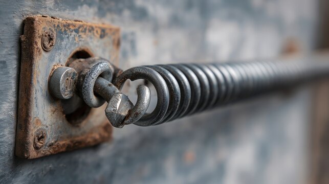 Close-up of a garage door torsion spring, roller, hinge and mounting bracket during fresh roller and hinge installation, showing metal hardware and wear detail.