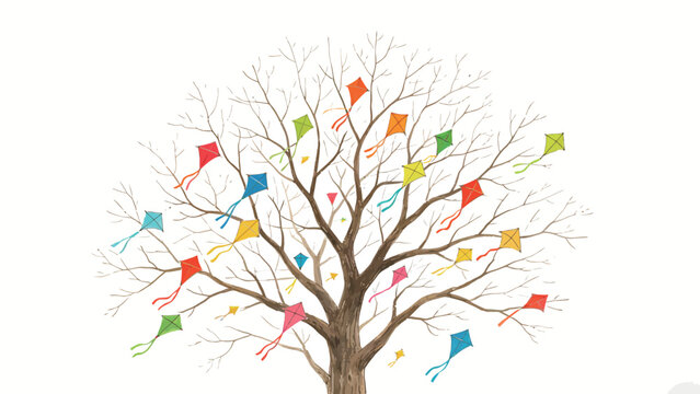 Watercolor Illustration of a Bare Leafless Tree with Colorful Diamond-Shaped Kites Caught in Its Branches Against a Plain White Background