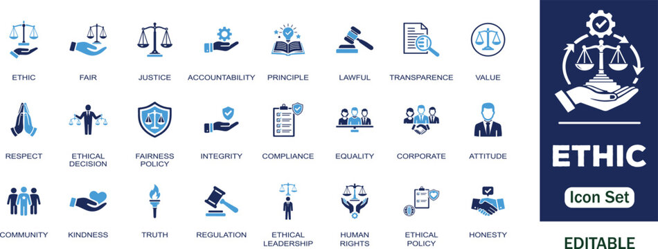 Ethic editable solid icon set. Containing justice, accountability, lawful, value, policy, artificial intelligence, truth, fairness, transparency and more illustration vector icons collection.