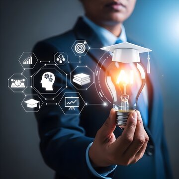 Businessman holding AI light bulb with graduation cap icon, representing artificial intelligence in education, smart learning systems,Education & Technology,  online courses, digital transformation
