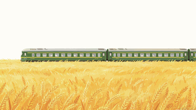 Illustration of a Vintage Green Passenger Train Traveling Through a Sunlit Golden Wheat Field Under a Soft Pale Sky, Calm Nostalgic Rural Journey Artwork