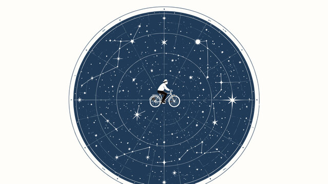 A Minimalist Illustration of a Man Cycling Through the Center of a Circular Vintage Star Chart, Constellation Map of the Night Sky
