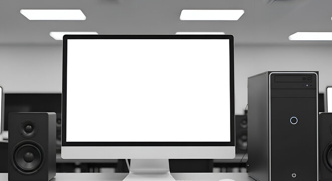 Computer monitor and sound system setup.