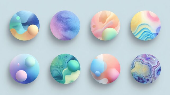 Abstract spheres with fluid gradients, colorful designs, and floating orb arrangements