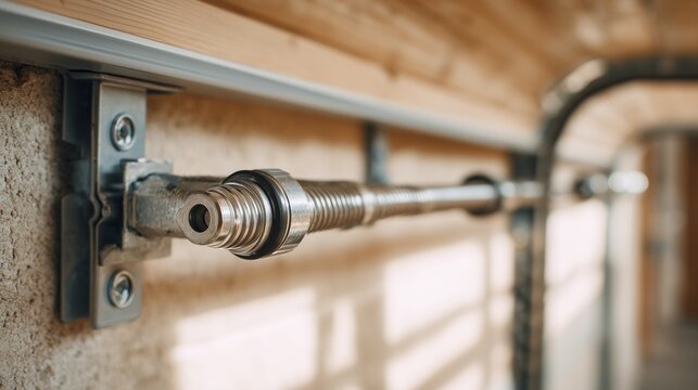 Close-up of garage door torsion spring assembly and cable drum highlighting mechanical repair and maintenance of garage door system.