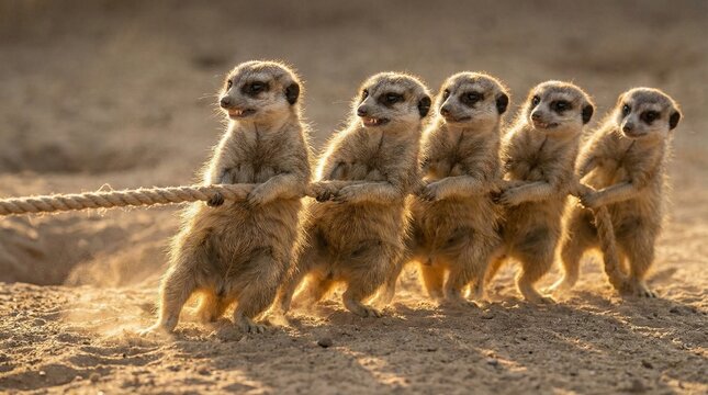 Meerkats playing tug of war