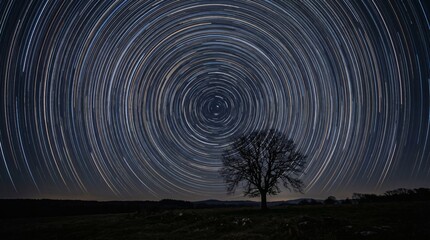 Naklejka premium Circular star trails spinning over lone tree at night.