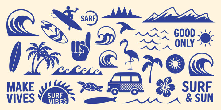 Tropical beach and surf themed vector set with palm trees, waves, surfboards, van and flamingos with quotes in bold graphic style, perfect for t shirt prints, posters and stickers.