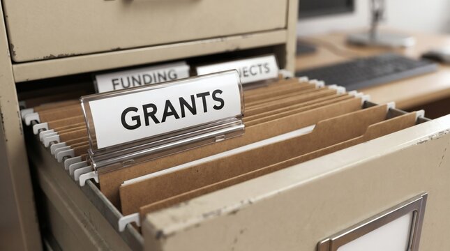 Close up of a folder labeled GRANTS in a metal filing cabinet drawer with funding files.