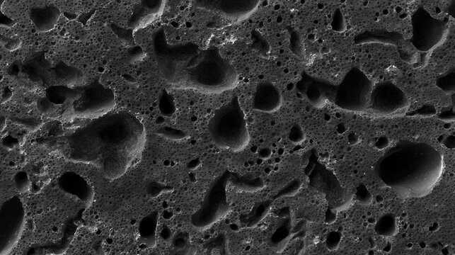 Seamless Volcanic Black Basalt Rock Surface Texture Background with Crystalline Mineral Grain and Vesicular Cavities in Dark Charcoal Tones, Geology Nature Stock Image