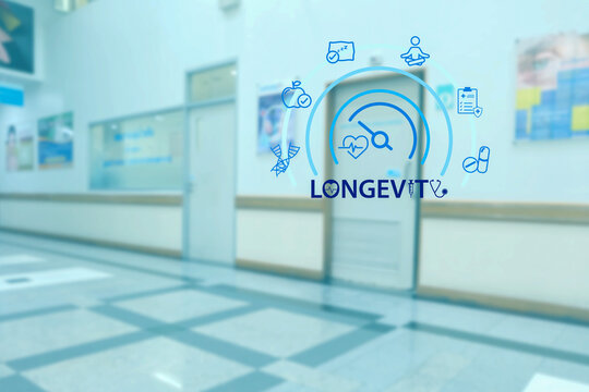 Modern hospital corridor with blurred background and digital longevity interface overlay, representing advanced healthcare technology, anti-aging science, and futuristic medical innovation.