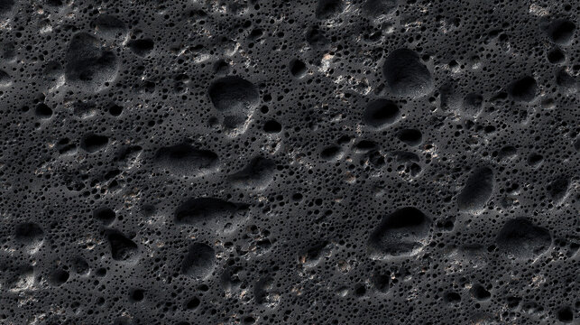 Seamless Volcanic Black Basalt Rock Surface Texture Background with Crystalline Mineral Grain and Vesicular Cavities in Dark Charcoal Tones, Geology Nature Stock Image
