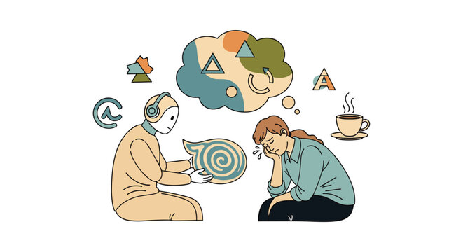 An AI robot therapist provides counseling and support to a sad woman in a modern, stylized illustration on a white background.
