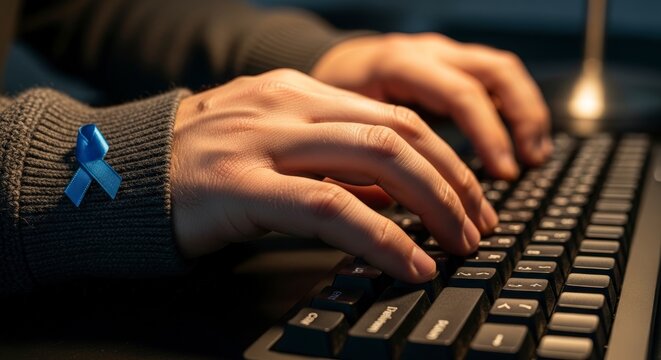 Person typing on computer keyboard with awareness ribbon.