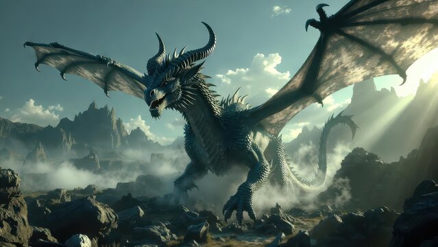 Majestic Dragon Soars Over Rugged Landscape Under Dramatic Sky