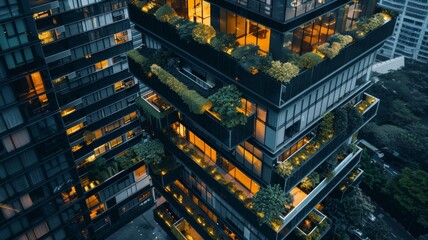 Fototapeta premium Eco-friendly building. Sustainable office building with garden on balconies for reducing carbon dioxide. Office building with green environment. Corporate building reduce CO2. Net zero building.