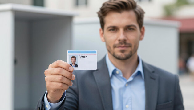 Man holding a voter ID card in front of a polling station, dressed in business attire, conveying civic participation on election day