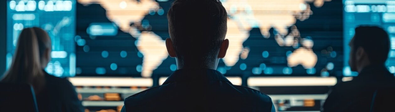 Cybersecurity experts in a simulation defending against international cyber attacks, emphasizing digital defense and IT security measures.