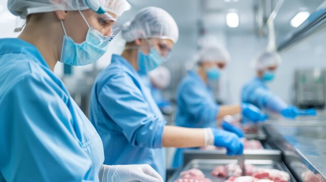 A high-tech food processing facility with workers operating advanced machines, transforming raw meat into processed and packaged products, ensuring quality and safety