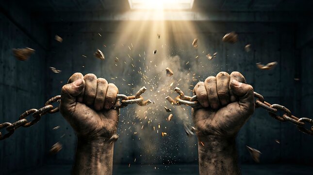 Breaking chains concept with strong hands symbolizing freedom power and liberation