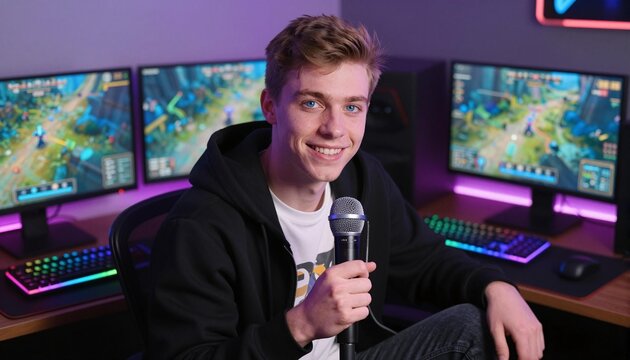 Young smiling streamer holding a microphone in an RGB-lit gaming room with three monitors displaying gameplay