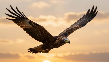 Fototapeta premium Majestic eagle soaring with wings outstretched against a glowing sunset sky