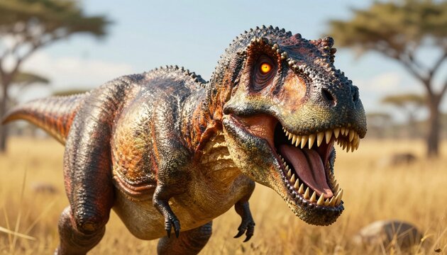 Realistic roaring Tyrannosaurus rex with open jaws and sharp teeth in a sunlit savanna with acacia trees