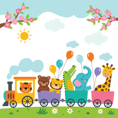 Naklejka premium Happy safari animals having a fun journey on a cheerful locomotive engine with colorful floating balloons