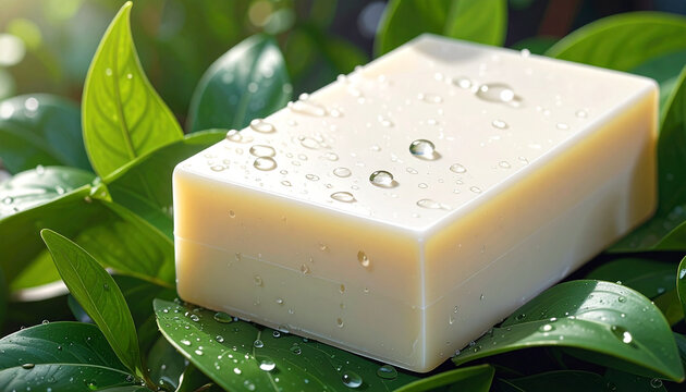 Soap bar with water droplets on green leaves