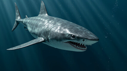 Obraz premium ​A digital illustration of a Great White Shark swimming in deep blue water, illuminated by beams of sunlight from above. The shark is depicted with its mouth slightly open, revealing rows of sharp te