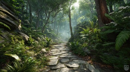 Obraz premium Stone path winds through lush, sunlit forest with verdant foliage