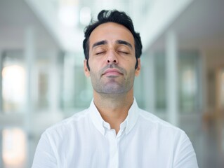 Fototapeta premium Portrait of a leader meditating in a peaceful environment, symbolizing balance and success in business culture