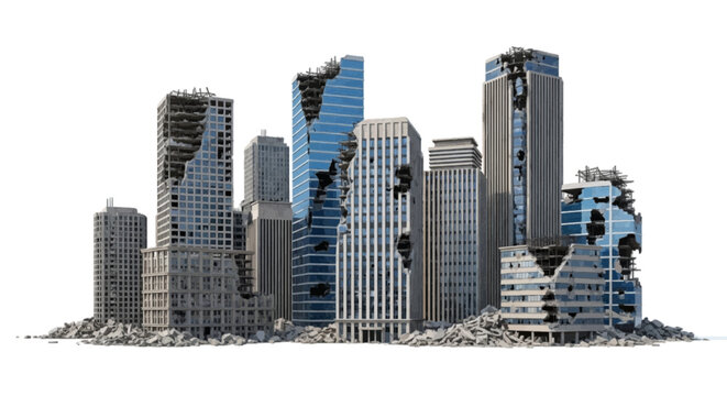 Vector illustration&nbsp;of destroyed city skyscrapers with damaged buildings on a transparent background