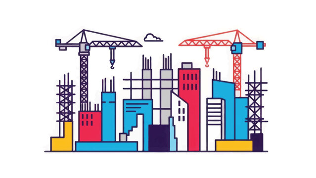 Colorful Line Art Urban Construction Site Doodle. City Building Development, Real Estate Growth, Architecture and Engineering Illustration.